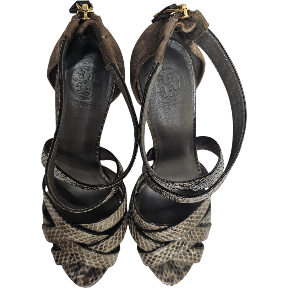 Tory Burch Gray Brown Suede Leather Animal Print Strappy Block Heels Size 9 - Picture 4 of 14